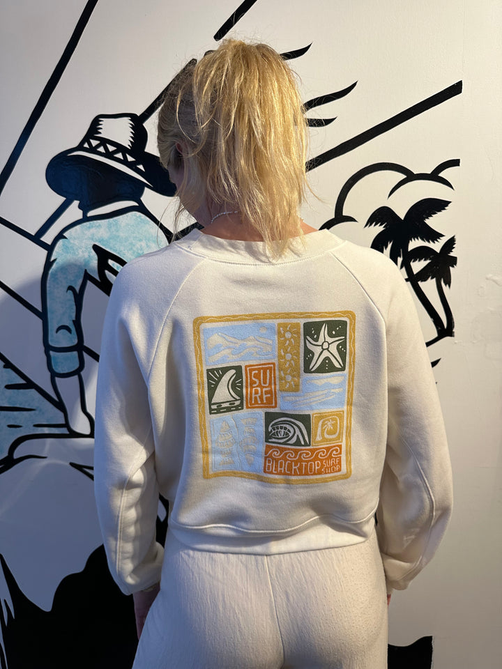 Geo Surf Crop Crewneck in Vintage White