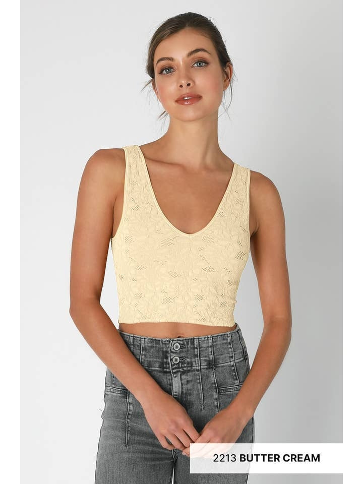 Lace V Neck Tank Top in Butter Cream