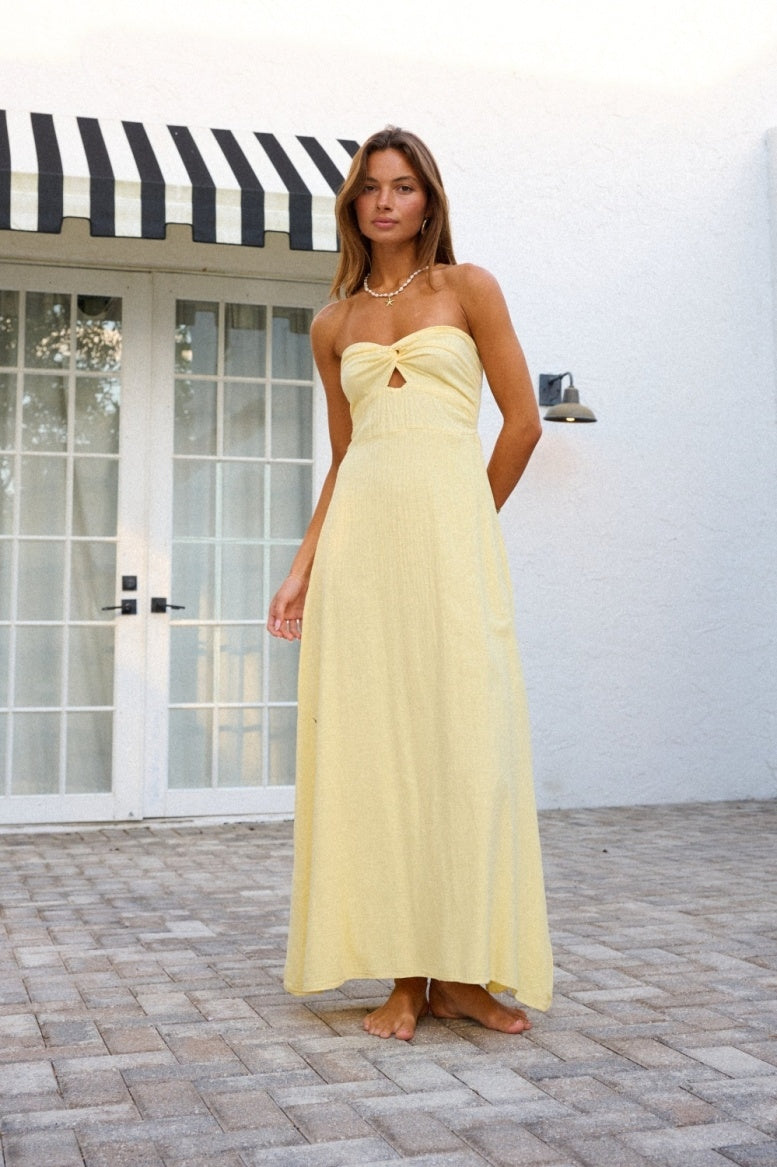Strapless Twist Front Catalaya Long Dress in Butter