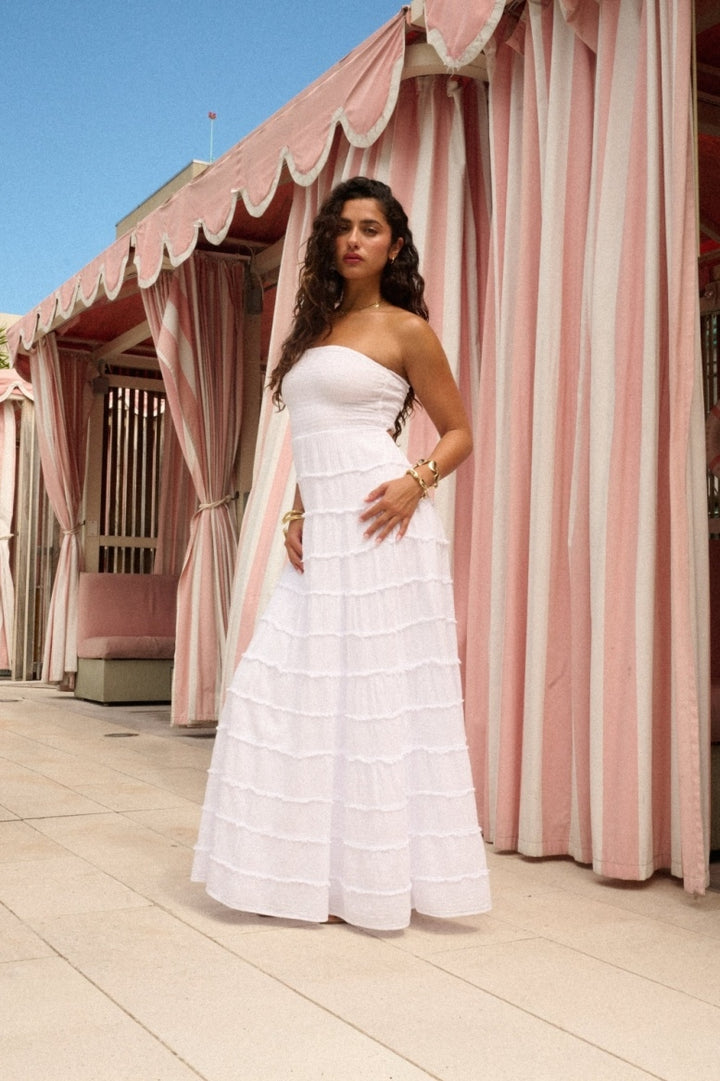 Long Frayed Rosaline Dress in White