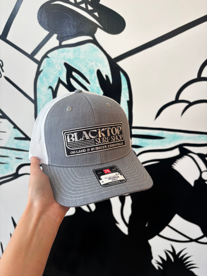 Retro Logo Trucker Hat in Heather Grey and White