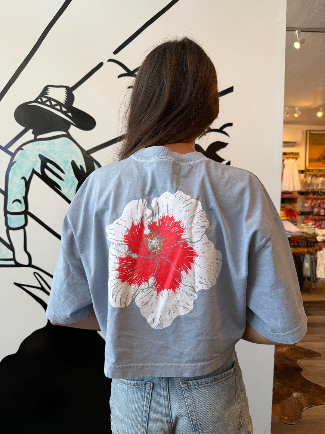 Americana Hibiscus Crop Tee in Denim