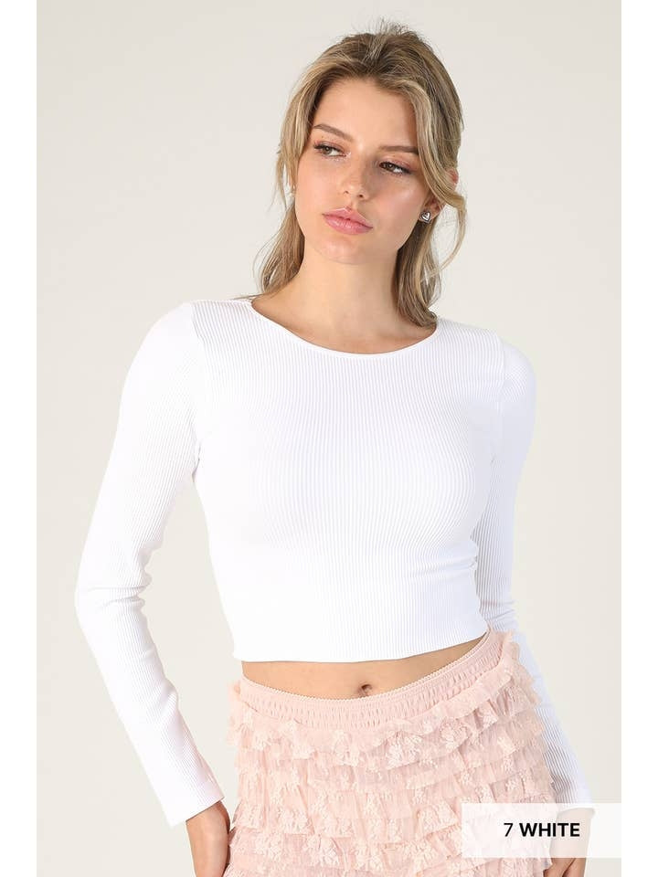 Ribbed Long Sleeve Crewneck Crop Top in White