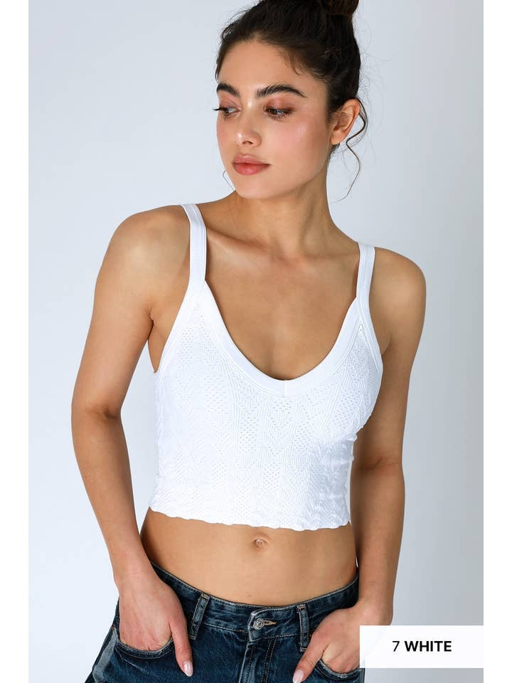 Lace Textured Crop Tank Top in White