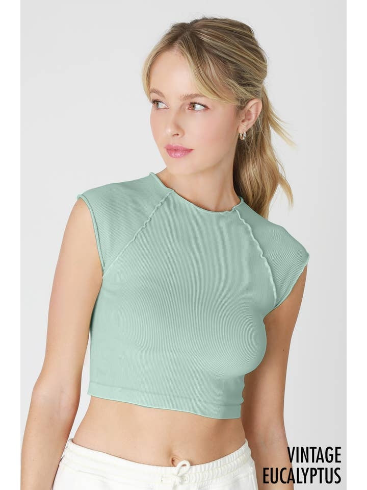 Vintage Exposed Seam Crop Top in Eucalyptus