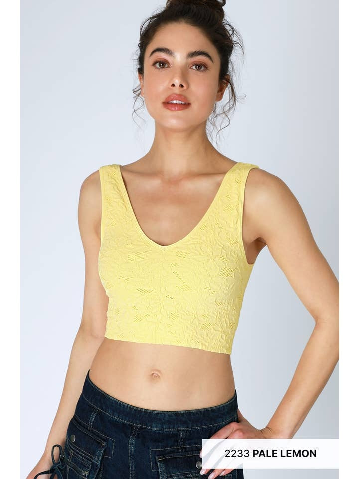 Lace V Neck Tank Top in Pale Lemon