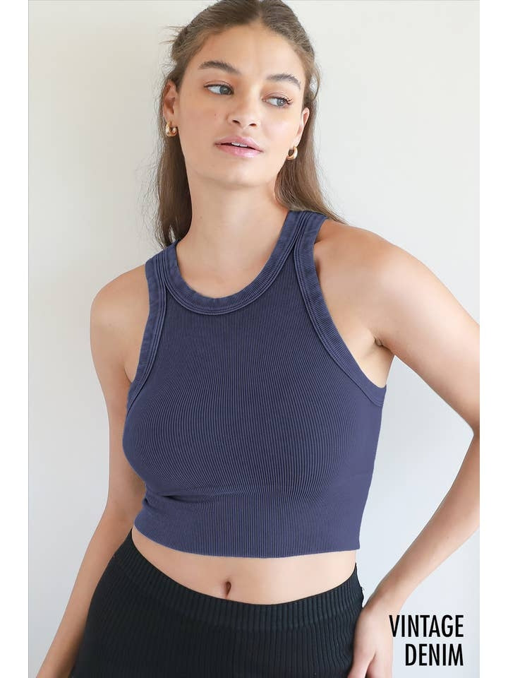 Vintage Ribbed High Neck Crop Top in Denim Blue