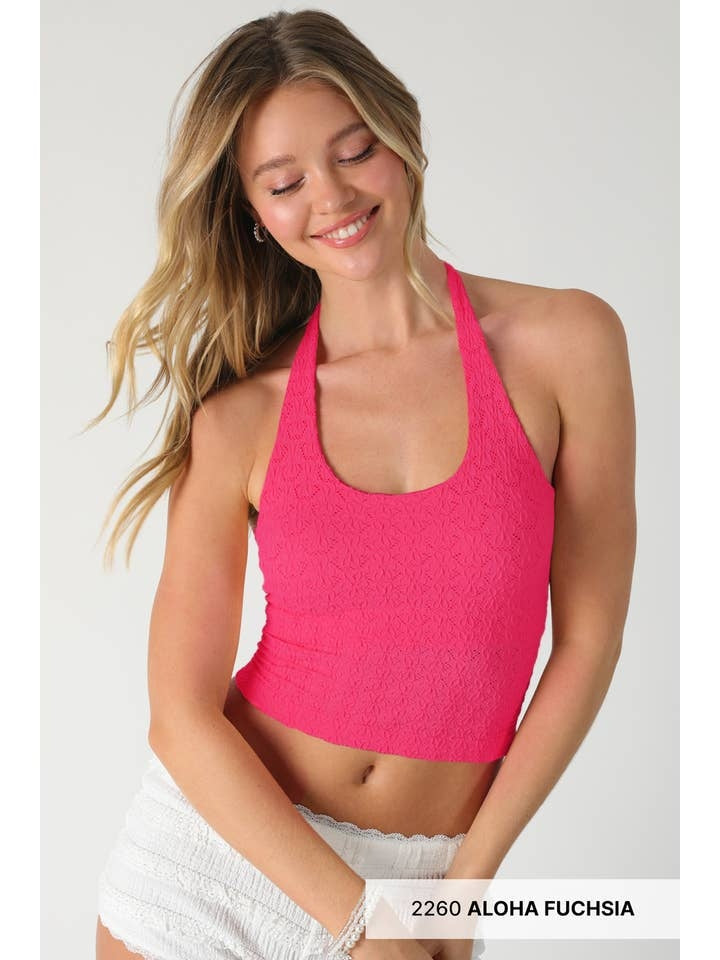 Floral Lace Halter Crop Top in Aloha Fuchia