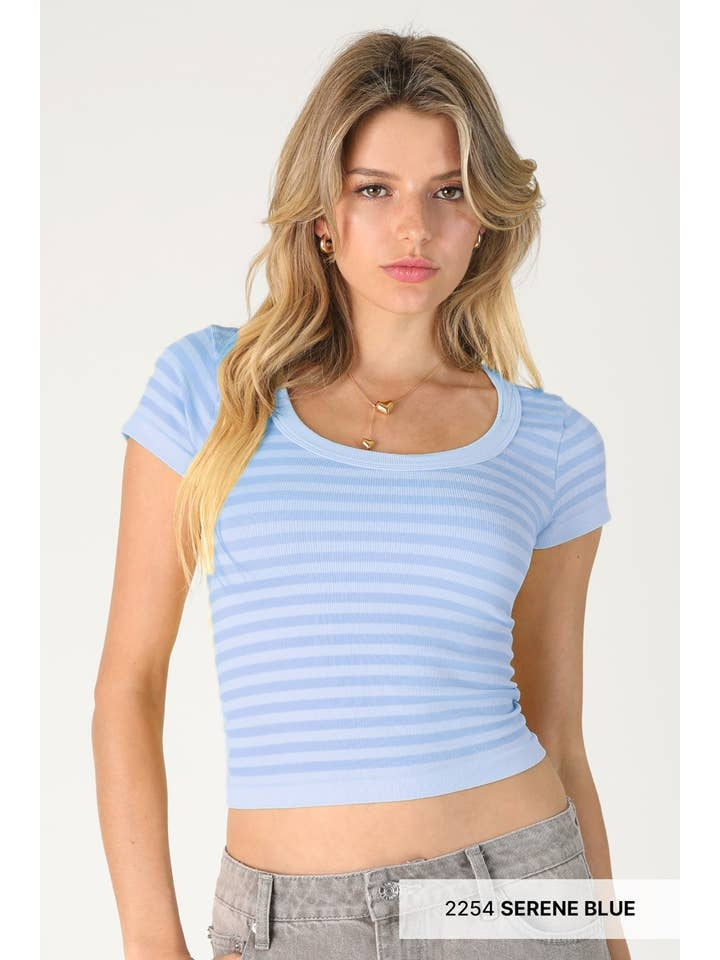 Striped Scoop Neck Top in Serene Blue