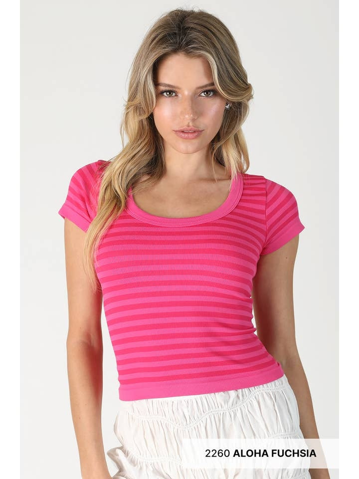 Striped Scoop Neck Top in Aloha Fuchsia