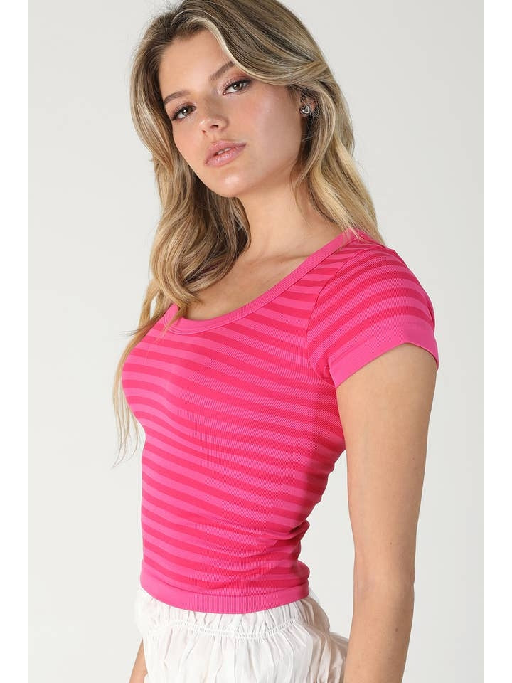 Striped Scoop Neck Top in Aloha Fuchsia