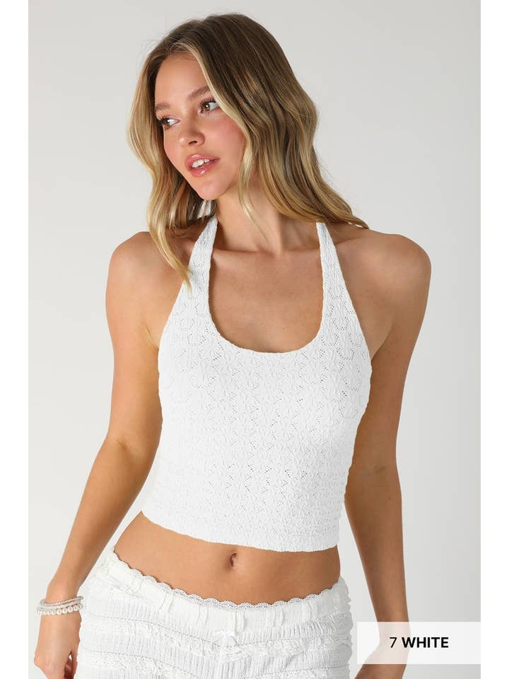 Floral Lace Halter Crop Top in White