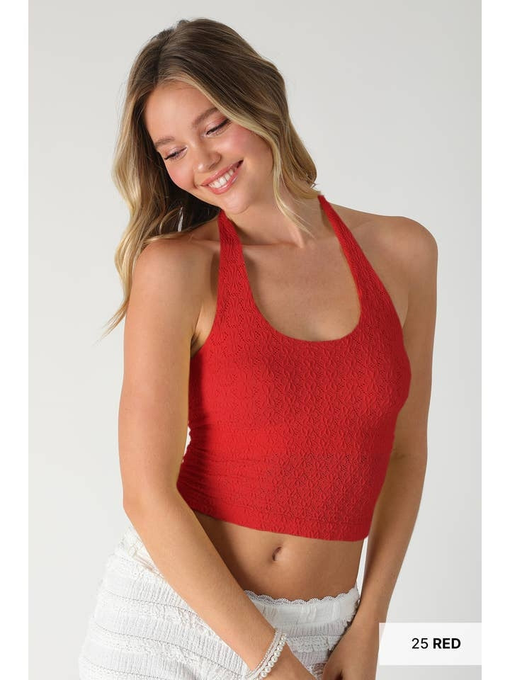 Floral Lace Halter Crop Top in Red