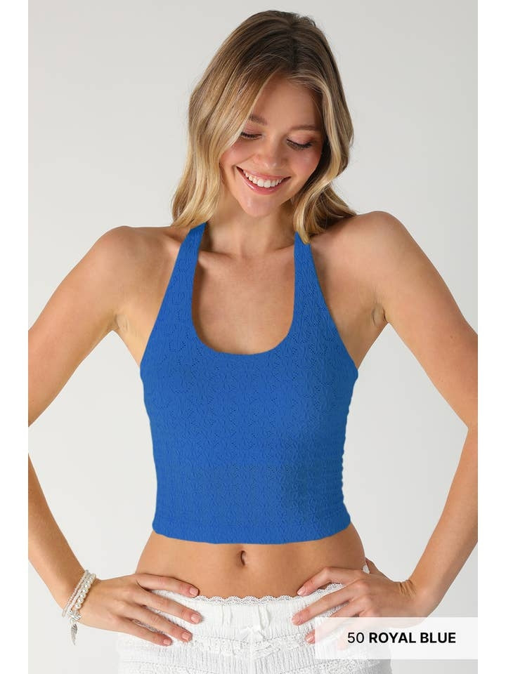 Floral Lace Halter Crop Top in Royal Blue