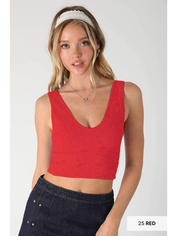 Lace V Neck Tank Top in Red