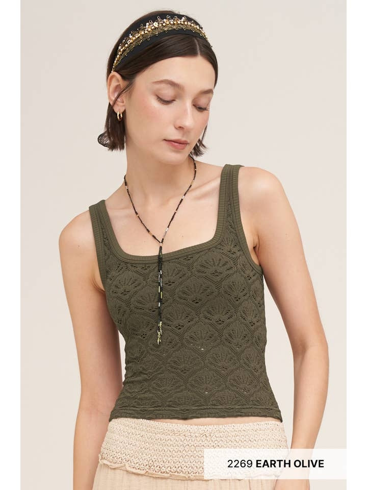 Floral Textured Lace Tank Top in Earth Olive
