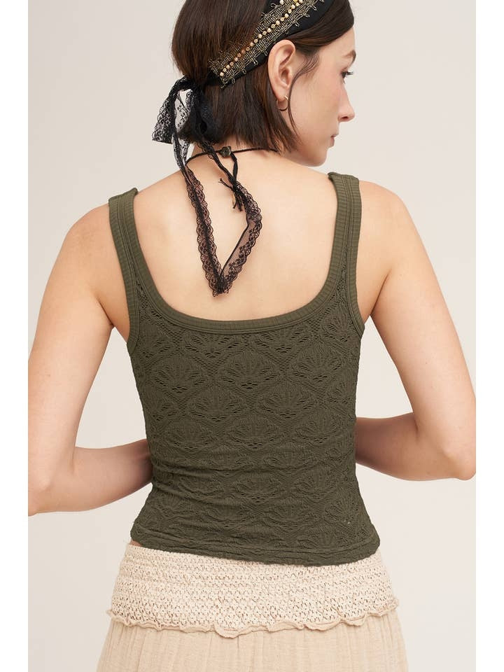 Floral Textured Lace Tank Top in Earth Olive