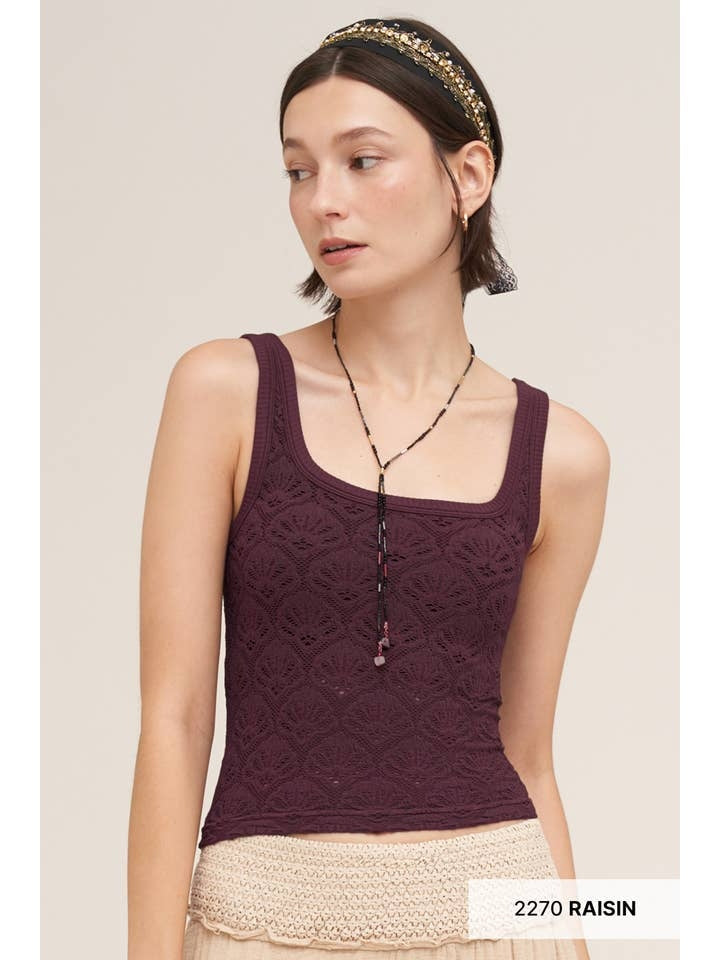 Floral Textured Lace Tank Top in Raisin