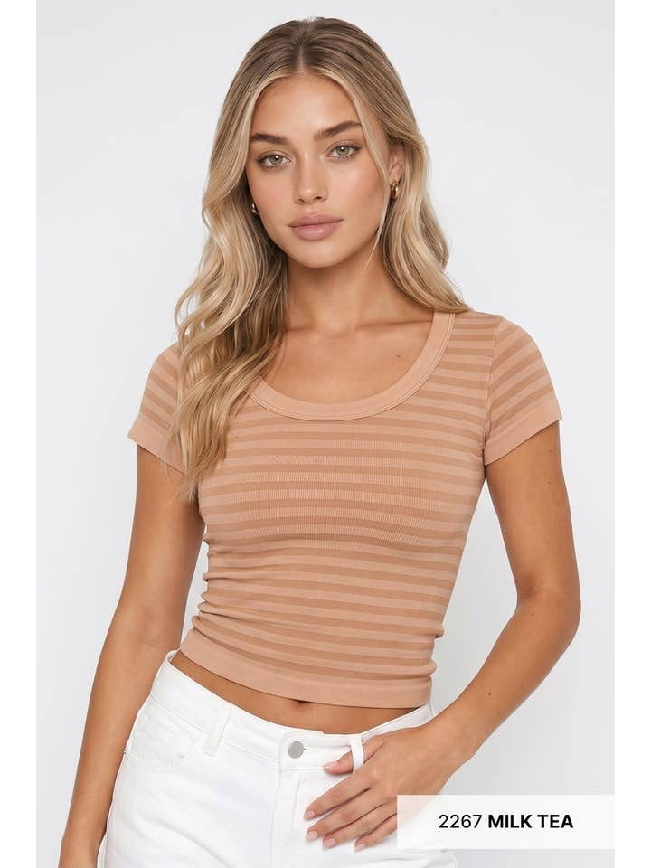 Striped Scoop Neck Top in Milk Tea