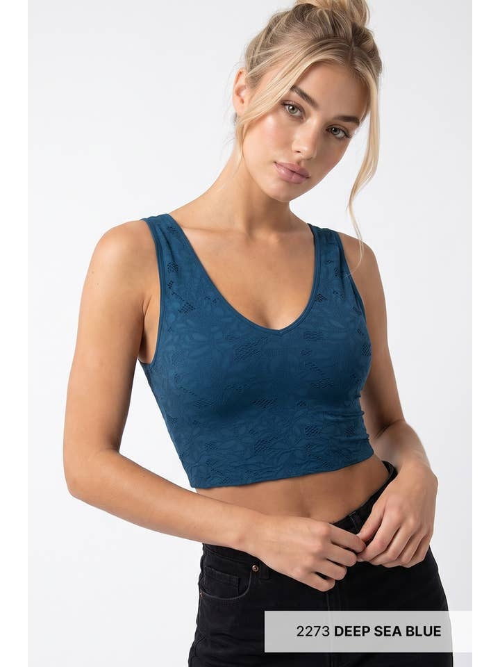 Lace V Neck Tank Top in Deep Sea Blue