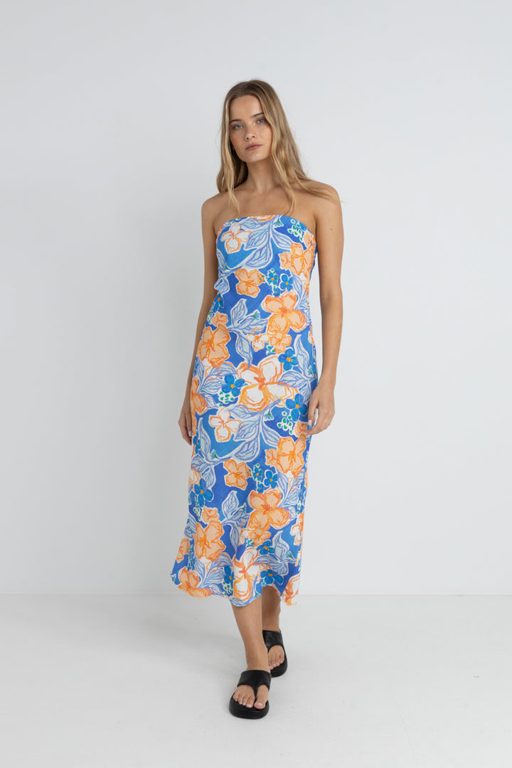 Rhythm Paradise Floral Bias Midi Dress in Blue