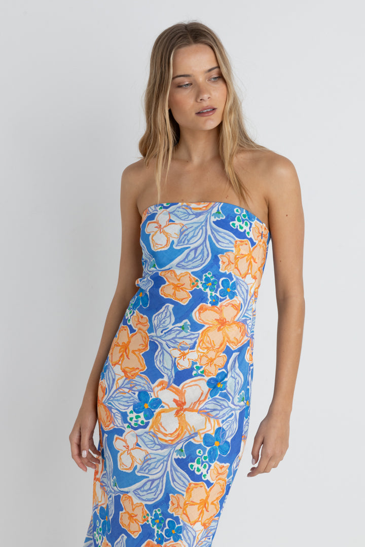 Rhythm Paradise Floral Bias Midi Dress in Blue