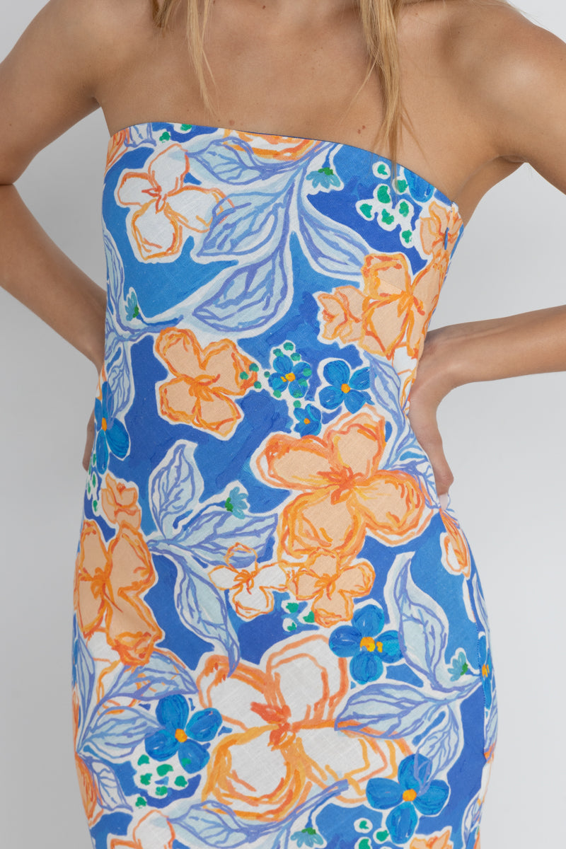 Rhythm Paradise Floral Bias Midi Dress in Blue