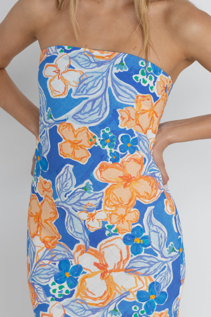 Rhythm Paradise Floral Bias Midi Dress in Blue