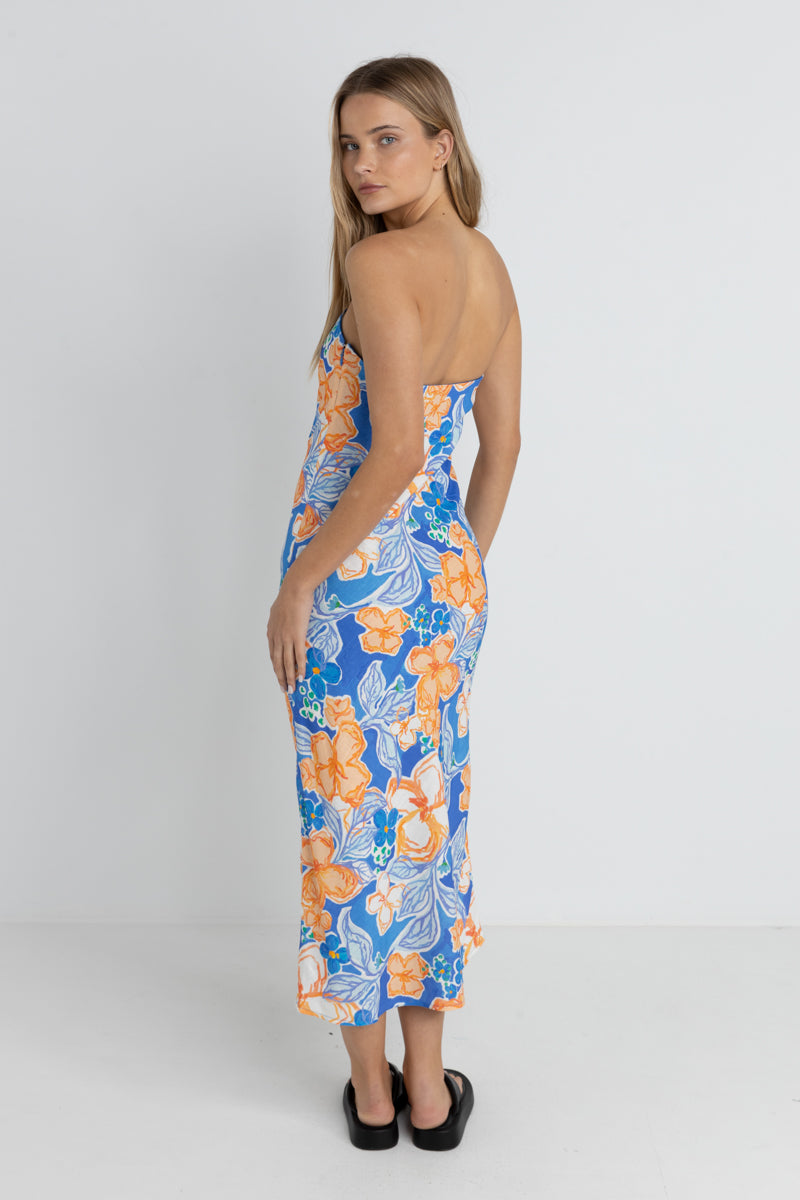 Rhythm Paradise Floral Bias Midi Dress in Blue