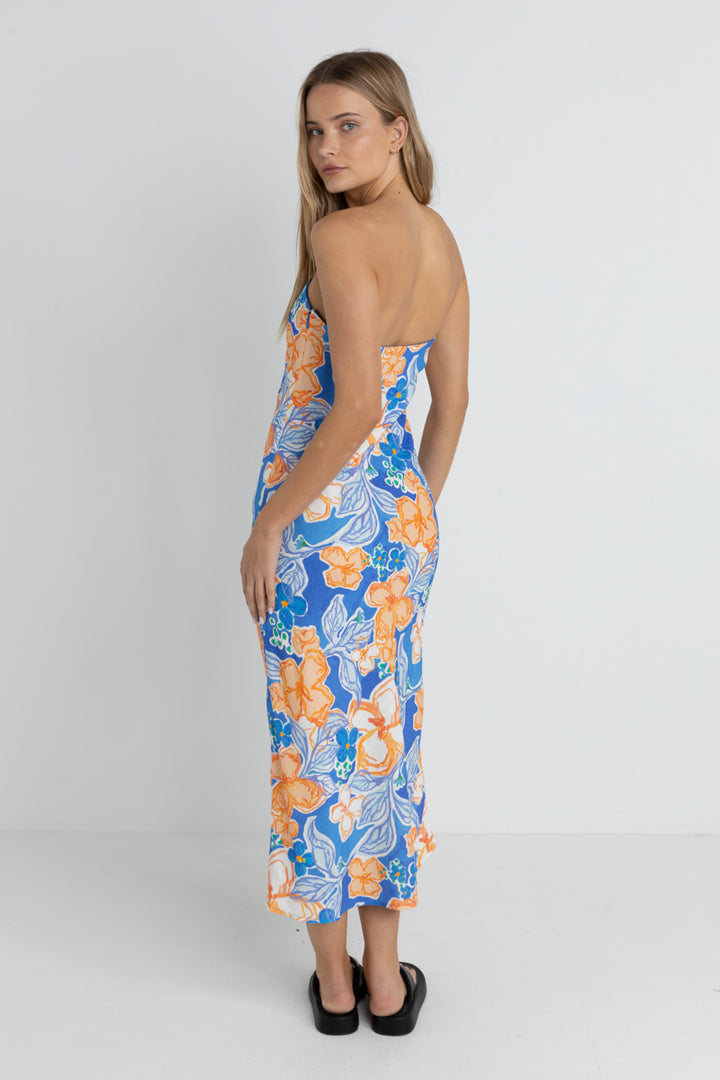 Rhythm Paradise Floral Bias Midi Dress in Blue