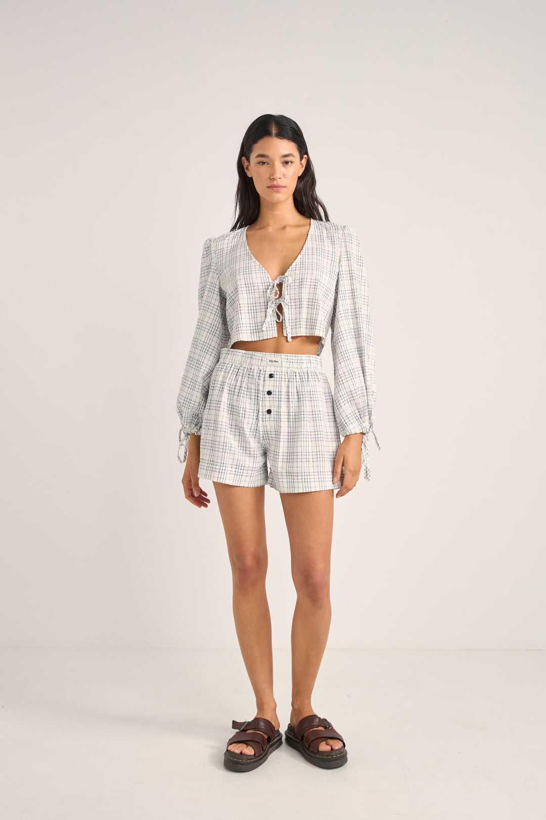 Rhythm Desi Plaid Blouson Top in Blue