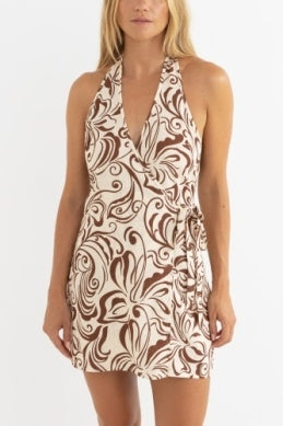 Kai Floral Wrap Mini Dress in Chocolate