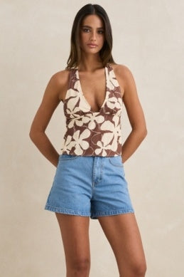 Melia Floral Halter Top in Chocolate