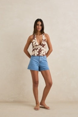 Melia Floral Halter Top in Chocolate