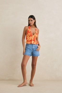Melia Floral Halter Top in Red