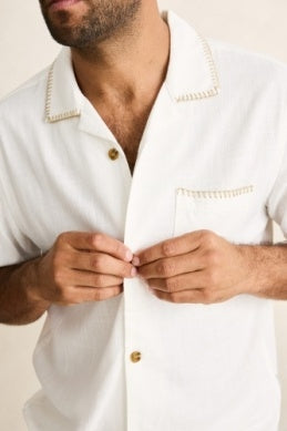 Linen Whip Stitch Short Sleeve Shirt in Vintage White
