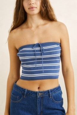 Vista Stripe Strapless Knit Top in Dark Blue