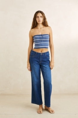 Vista Stripe Strapless Knit Top in Dark Blue