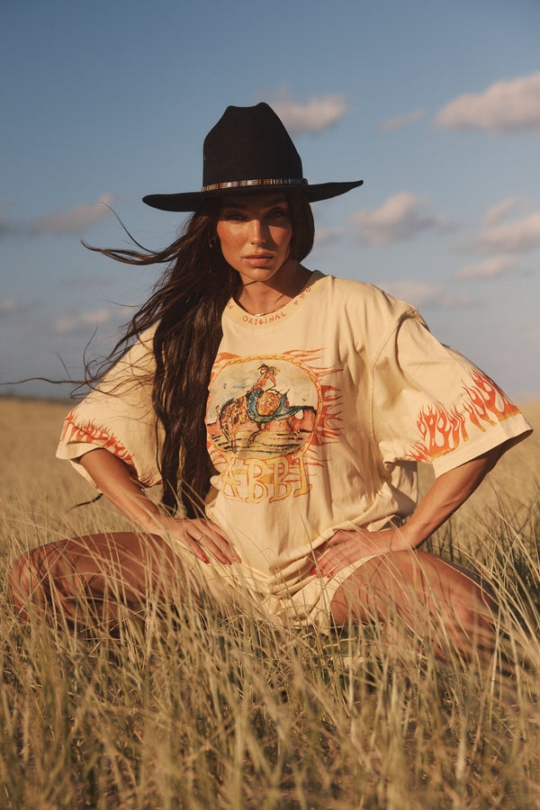 The Flamining Cowboy Tee in Sand