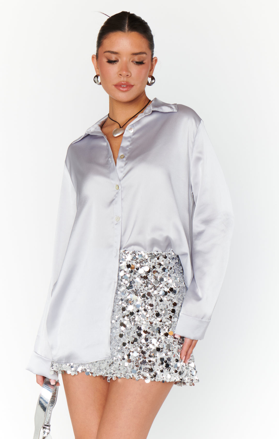 Smith Button Down in Silver Luxe Satin