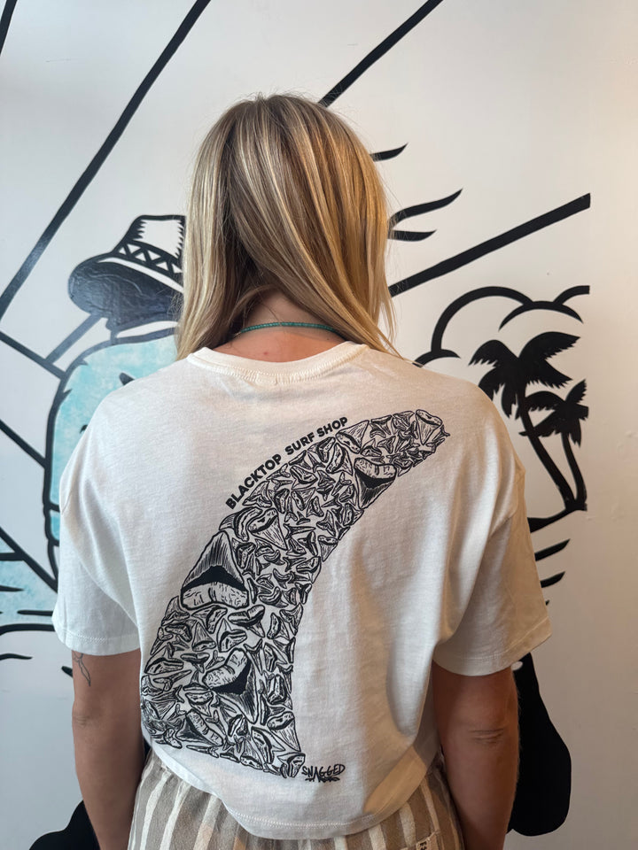 Snagged Shark Fin Crop Tee in White