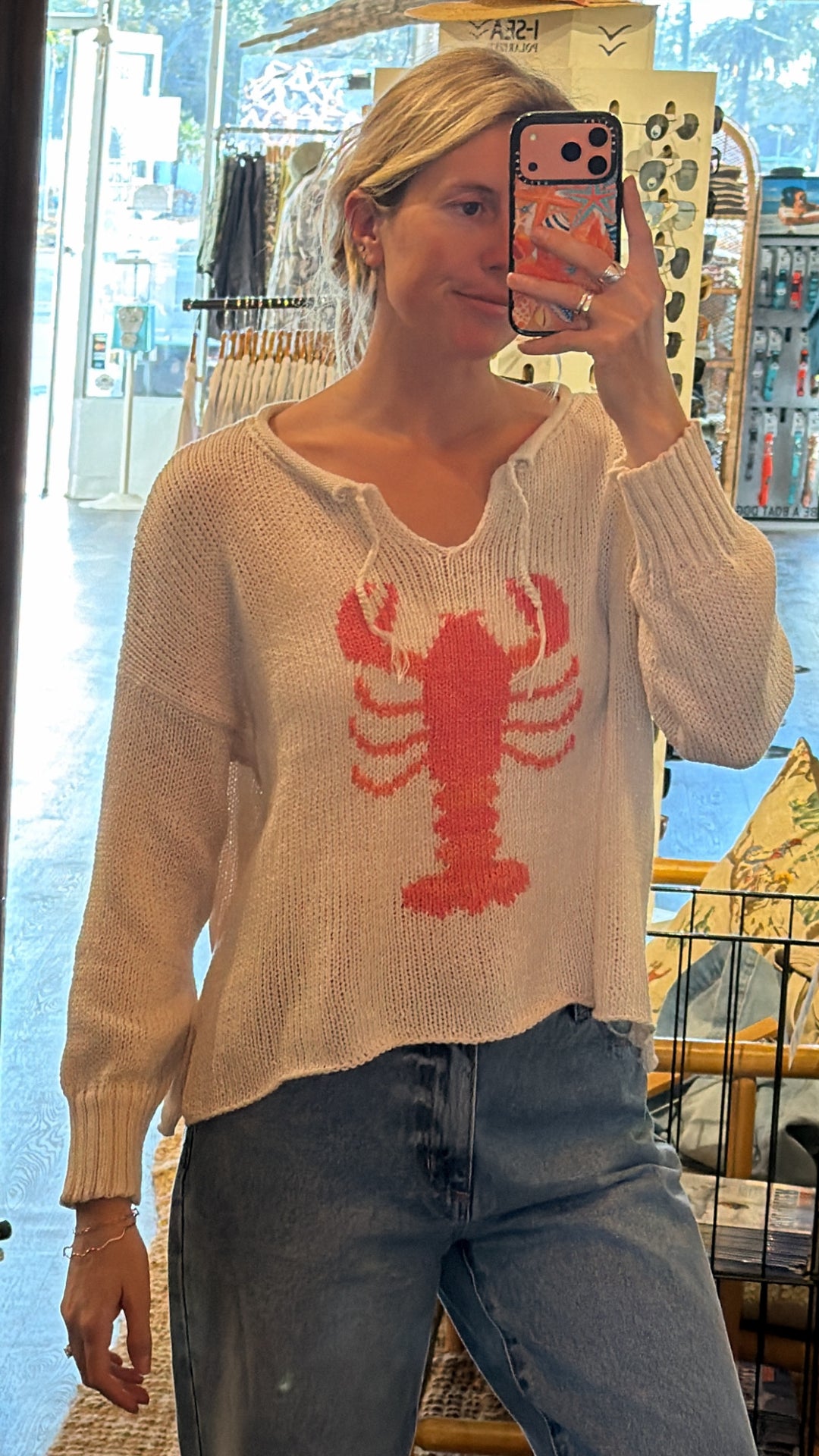 Wooden Ships Marled Lobster Cotton Sweater in Almond Butter/Pink