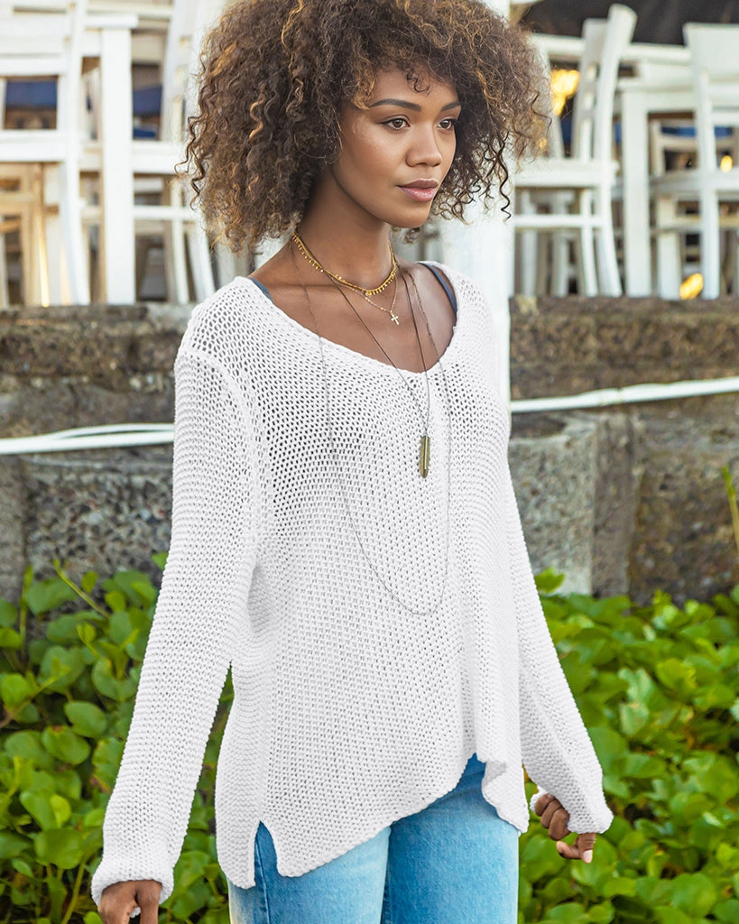 Wooden Ships Maui Cropped Chunky V Cotton Sweater in Breaker White