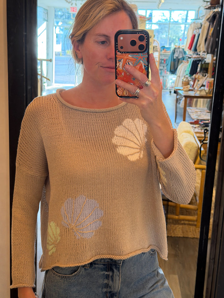 Wooden Ships Seashell Multi Crew Cotton in Khaki Multi