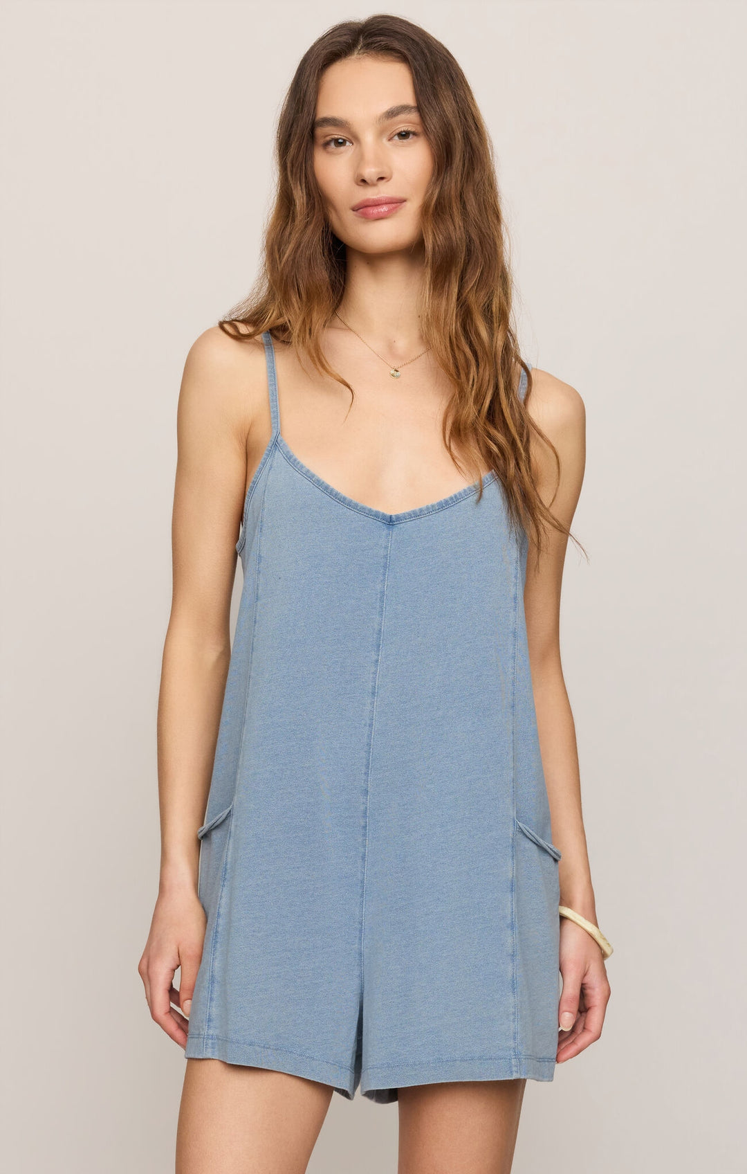Go Easy Jersey Denim Romper in Ocean Air