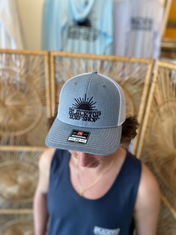 Blacktop Sun Embroidered Trucker Hat in Heather Grey/White